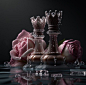 three candlesticks with pink roses and water droplets on the bottom, in front of a dark background