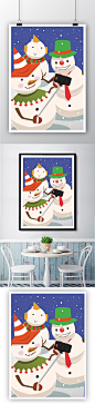 卡通圣诞节下雪背景雪人矢量插画模板