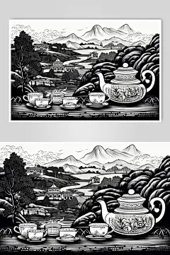 AI数字艺术复古铜版画茶园茶叶插画-众图网