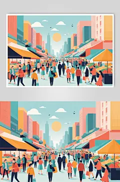 AI数字艺术家庭一起逛集市场数字贴画