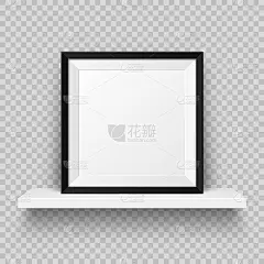 Realistic wall shelf with empty picture frame. Pos