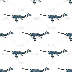 独角鲸角色抽象色彩手绘矢量无缝图案。复古的插图。海洋野生哺乳动物。海洋，画海洋动物曲线标志。画素描。