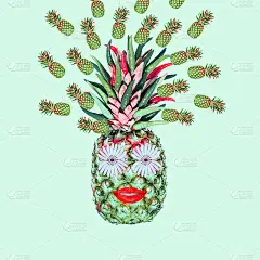 当代拼贴。绿色的菠萝形状的人脸上带着微笑，眼睛来自香蕉。夏天概念，人，抽象。