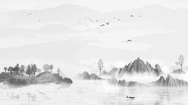 中国风 水墨 中式 PNG透明背景 水墨山水背景 山水情 仙鹤 小舟 室外桃园 水墨小舟