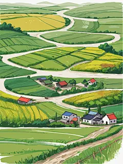 卡通手绘风格农村风景