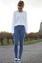 white cropped knitted Primark sweater - blue Topshop jeans #欧美#