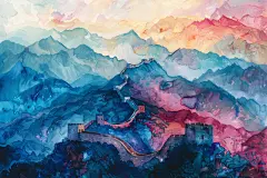 古风彩绘长城绘画图片