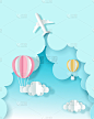 矢量和数字飞行器风格的飞机和气球在天空。旅行的概念。