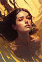 beautiful dark brown haired woman swimming in golden water, irate and trying to relax, Ross Tran, Artgerm, raking sunshine, late afternoon,