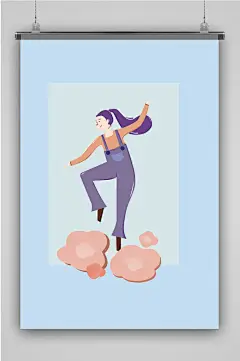 扁平风女孩跳舞创意卡通手绘抽象插画海报