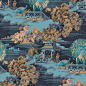 Graham and Brown Explorer - : "Using inspiration from Tokyo, Edo Toile turquoise, blue, turquoise and yellow is an intricately detailed yet elegant design with a mica fibrous finish. This print contrasts radiant golds with navy and teal to create a d