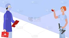 矢量医疗名片。设计明信片和横幅。医生和实验室助理用显微镜和文件研究疫苗。