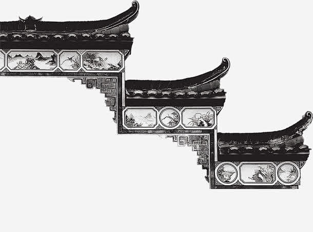 手绘水墨徽派建筑高清素材 古代建筑一角 ...