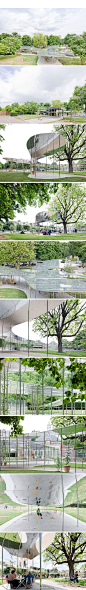 2009年蛇形画廊展区主题“凉亭”，Kazuyo Sejima and Ryue Nishizawa， SANAA设计，在轻巧的柱子上，放置了连绵起伏的铝板结构，搭建了一个交流的空间，同时保持公园内的景观不被遮挡。铝能反映树木，地面和天空，形成一个戏剧性的融合效果。