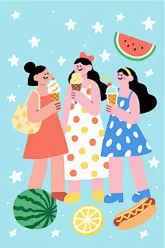女孩与美食卡通插画