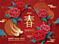 式样,部落艺术,月亮,纸,新年,亚洲,传统,牡丹,红色,运气