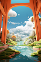 a room showing a balcony, pond, and green roof, in the style of surreal animation, sky-blue and orange, pastoral landscape, playful animation, dreamlike visions, cloudpunk, rectangular fields