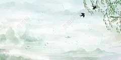 绿色清明节春天船古风柳树燕子水墨山水手绘清新国潮节气插画背景素材