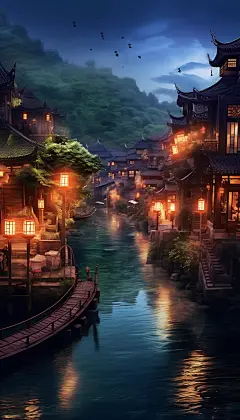 古镇中国风水乡插画