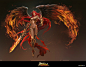 The goddess Alliance 女神联盟_火焰女神游戏原画高清大图：燃烧的黑色巨大翅膀，红色飘逸的长发，