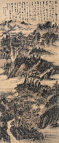 髡残——款《松山揽翠》立轴欣赏  |  <br/>清|髡残(1612-1692)，本姓刘，髡残为僧名，字介丘，号石溪、白秃、石道人、石溪道人，残道者、电住道人。湖广武陵(今湖南常德)人。与石涛合称"二石"，又与八大山人，弘仁，石涛合称为"清初四画僧"。擅画山水，师法王蒙，喜用干笔皴擦，淡墨渲染，间以淡赭作底，布置繁复，苍浑茂密，意境幽深。善书法，能诗。