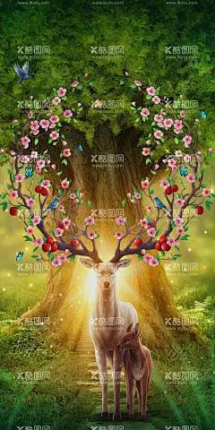 森林麋鹿梦幻装饰画  - 源文件下载【酷图网】意境,唯美,梦幻,创意,插画,手绘,梦境,小清新海报,卡通插画,古风,温馨,文艺范,文艺海报,手绘风,浪漫,治愈系,可爱,温暖,安逸,舒适,梦中世界,动漫壁纸,森系,森系插画,淡雅,文艺风,中国风,放飞梦想,小清新,元素,韵味,国潮,麋鹿,花丛,金色麋鹿,发财鹿,梅花鹿,森林,丛林,玄关画,装饰画,