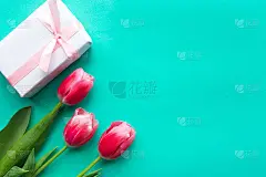 三朵红色郁金香和一个礼品盒在明亮的绿色背景上。为文本复制空间。复活节或母亲节贺卡
