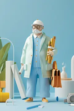 建筑工程师肖像人物卡通模型