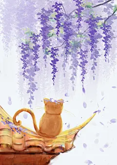 古风，猫咪，萌宠，紫藤花