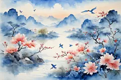 手绘国画中国风水墨画山水画插画