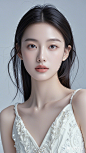 一位女孩，青春，高级感，人物肖像特写镜头，面部无遮挡，简约构图，浅色背景，简约高定礼服，高级摄影， (14)
