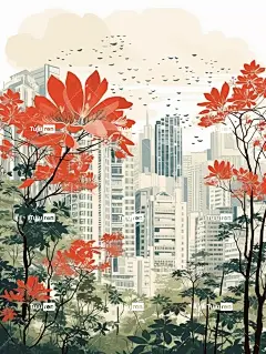 深圳市木棉树开满红花，水彩城市素描，装饰艺术，美丽治愈海报