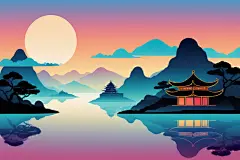 国潮设计扁平山水意境插画