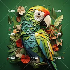 绿叶鹦鹉杂志封面，素描风格，纸雕