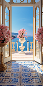 stine balcony exclusive designer classy gold and white rich luxurious fabrics mosaics vibrant classy gorgeous expensive rug billionaire patio expensive luxury stone balcony straight out view through French doors to ocean view with sailboats and gorgeous l