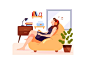 The girl is relaxing on the couch and listening to the music design concept material relaxing workshop workplace teamwork work vector together sofa remotely remote illustration stay at home home freelance communication