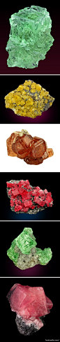1、2都是萤石，3是钙铝榴石，4是菱锰矿，5和6是菱锌矿。PS：粉红色菱锌矿应该产自纳米比亚。@北坤人素材