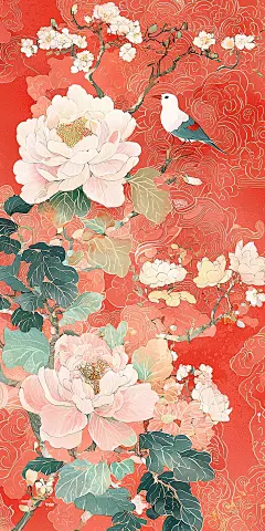 富贵牡丹插画壁纸，国风喜庆吉祥，绝美中式美学