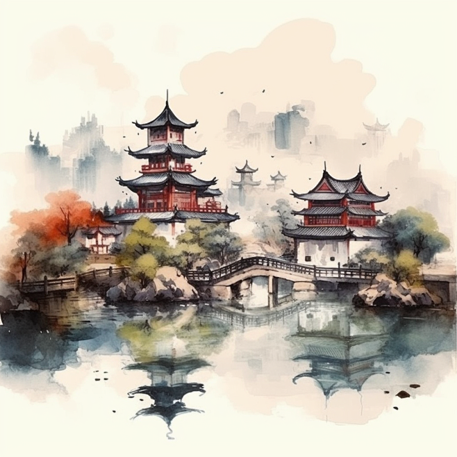 国画中式中国风水墨山水风景插画