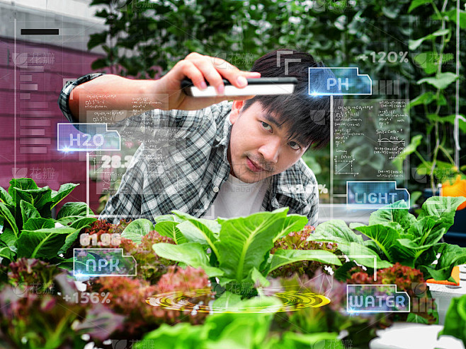 年轻聪明的亚洲农民在他的智能农场使用Ar,Vr,3d投影玻璃技术。
