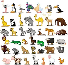 卡通动物  - 源文件下载【酷图网】鸵鸟,企鹅,孔雀,牛,猪,狗,狮子,斑马