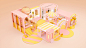a pink and yellow play house with stairs