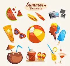 夏季度假图卡通夏天元素椰汁  - 源文件下载【酷图网】夏季度假图标,夏季度假元素,度假插画,卡通度假元素,卡通夏天元素,沙滩度假图标,旅行图标,椰汁,沙滩排球,冷饮,西瓜,相机,防晒霜