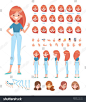 Front, side, back, 3/4 view animated character. Young girl character constructor with various views, face emotions, lip sync, poses and gestures. Cartoon style, flat vector illustration.