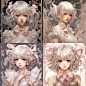 white hair anime girl with short hair, a smile and pink bow in her hand, in the style of multi-layered collage-like, light pink and dark beige, 32k uhd, mallgoth, grid, 19th century, ornate --v 5.2