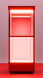A red display case next to a white display, in the style of 3d blender, dynamic colors, backlight, precise hyperrealism, isometric view, white background, precise craftsmanship, light orange, 8k resolution