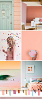 All these colors:  earthy pastels (apricot, mint, pale pink, yellow, bright blue, magenta) mood board, color palette