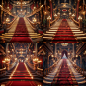 A staircase with a red carpet leads to a magnificent window adorned with golden decorations and dramatic lighting, while the staircase is decorated with golden railings and velvet ropes. The curtains hang down, and the stage is bathed in dramatic lighting