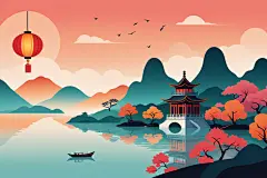 禅意山峰国潮山水插画背景图