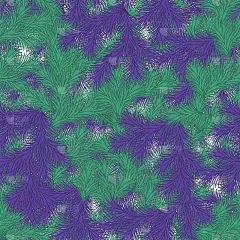 圣诞树上蓬松的树枝。绿色和紫色的针叶背景。时尚无缝模式。纹理较大，适用于布料、包装、壁纸等